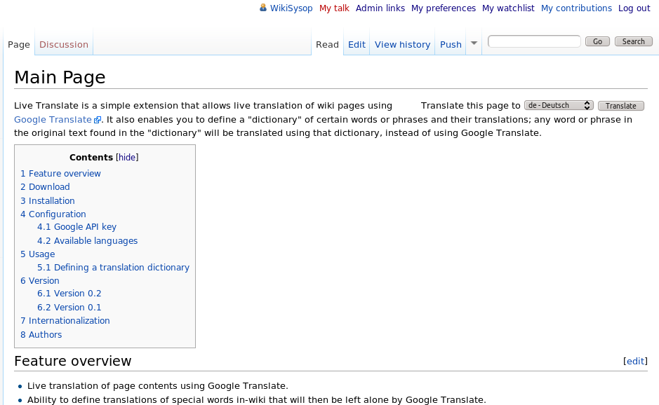 在右上角具有Live Translate扩展的翻译控件的wiki页面。