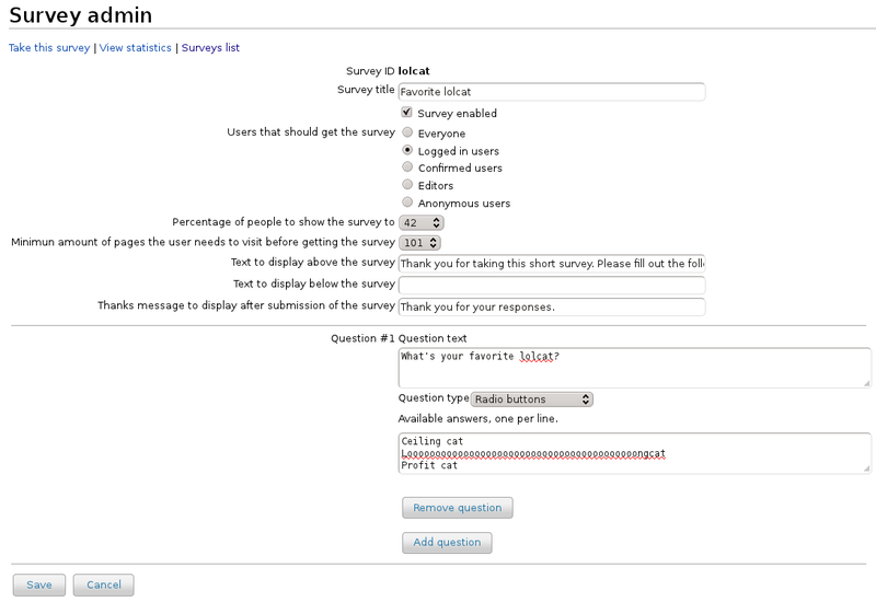 Special:EditSurvey: administration interface to create and edit surveys