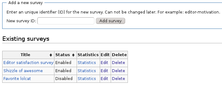 Special:Surveys: the main administration interface for Surveys